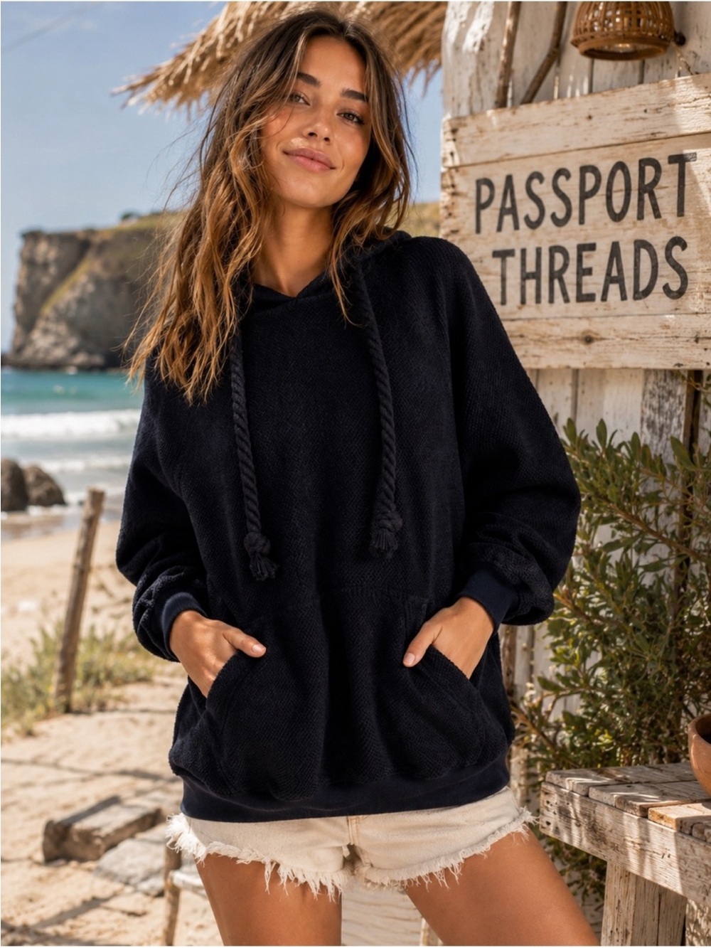 NWT Free People Looped In Hoodie Rope Drawcord Kangaroo Pocket Rib in Black